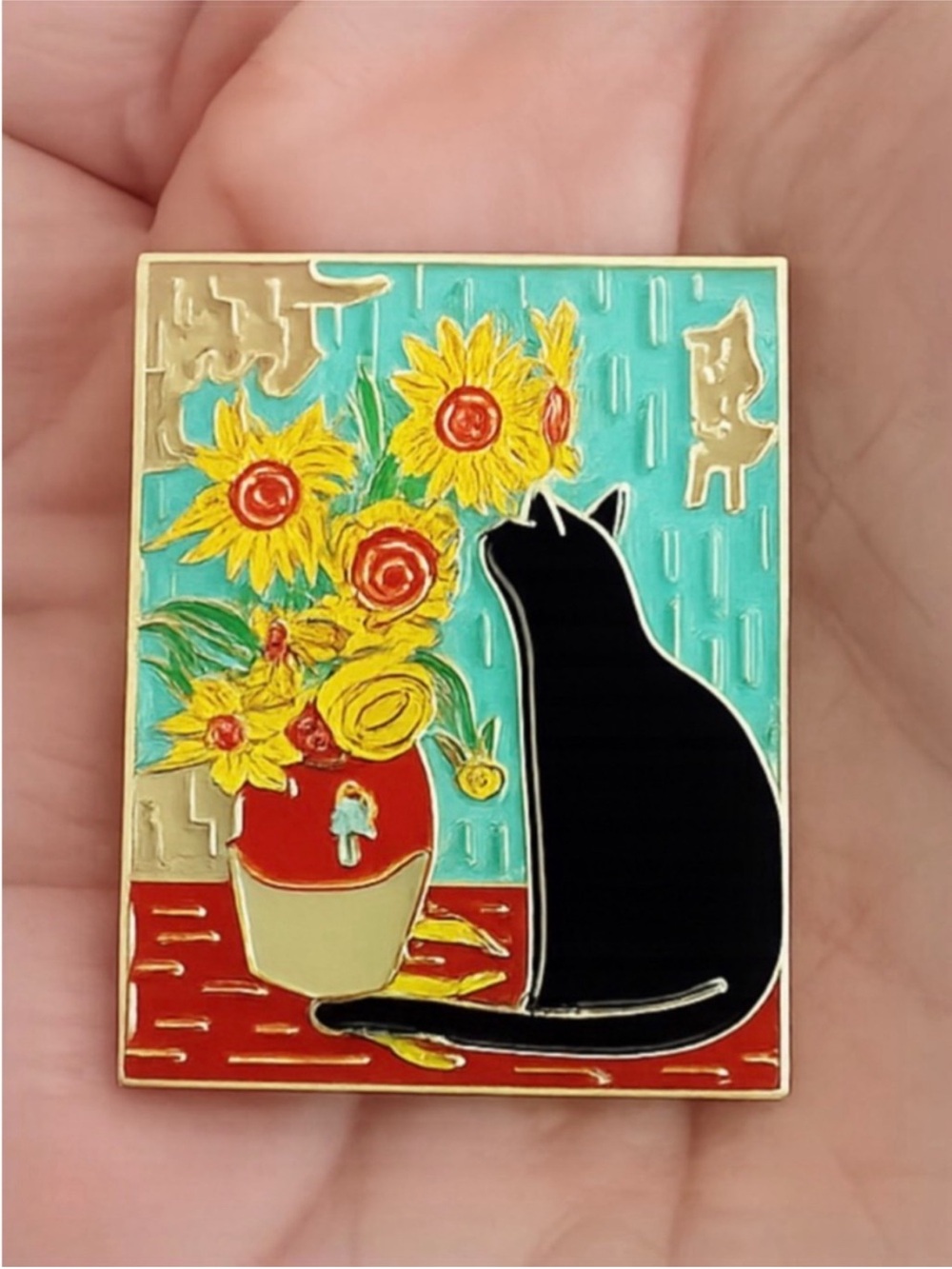 Black Cat Art Enamel Pin Set 3pc Van Gogh Munch Sunflowers NWT Gift Cute - Picture 4 of 11
